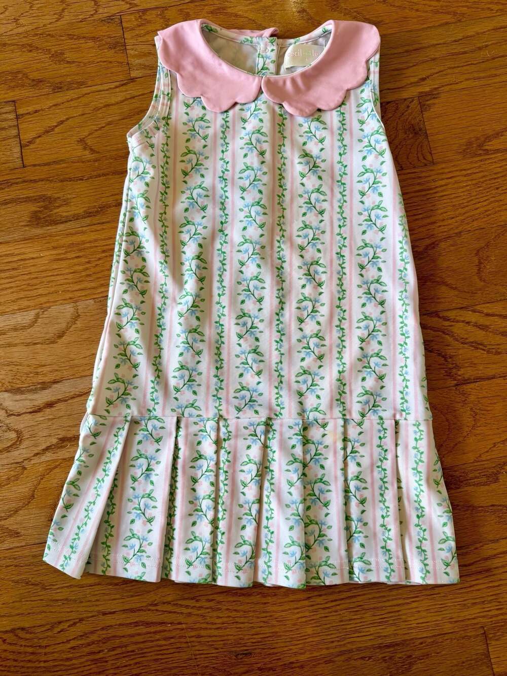 Girls Pink Scalloped-Collar Floral Stripe Dress
